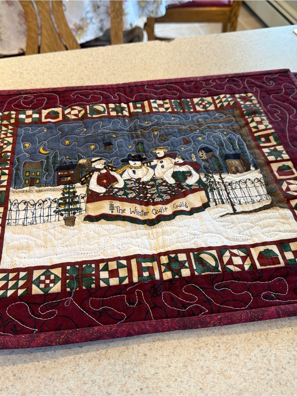 Winter Quilt Guild Snowmen set of 4 placements - Burgundy reversible